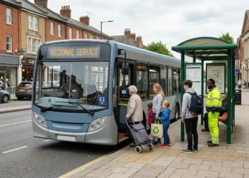 AI-generated photograph-style image of passengers boarding a regional bus displaying a £2 single fare in an English town.