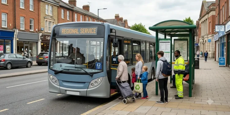 AI-generated photograph-style image of passengers boarding a regional bus displaying a £2 single fare in an English town.