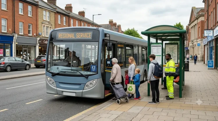 AI-generated photograph-style image of passengers boarding a regional bus displaying a £2 single fare in an English town.
