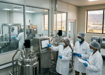 AI-generated photograph-style image of South African scientists operating vaccine production equipment at a Cape Town manufacturing facility.