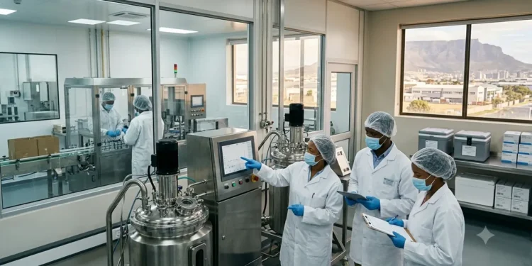 AI-generated photograph-style image of South African scientists operating vaccine production equipment at a Cape Town manufacturing facility.