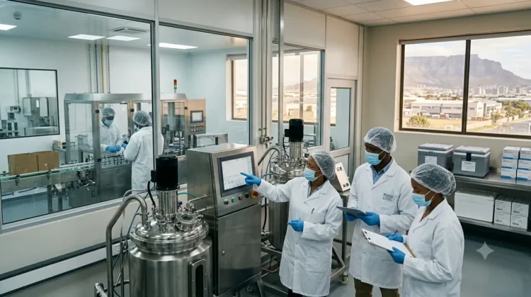 AI-generated photograph-style image of South African scientists operating vaccine production equipment at a Cape Town manufacturing facility.