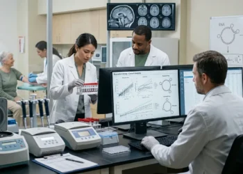 AI-generated photograph-style image of researchers analysing blood samples and circular RNA biomarkers linked to Alzheimer’s symptom progression.