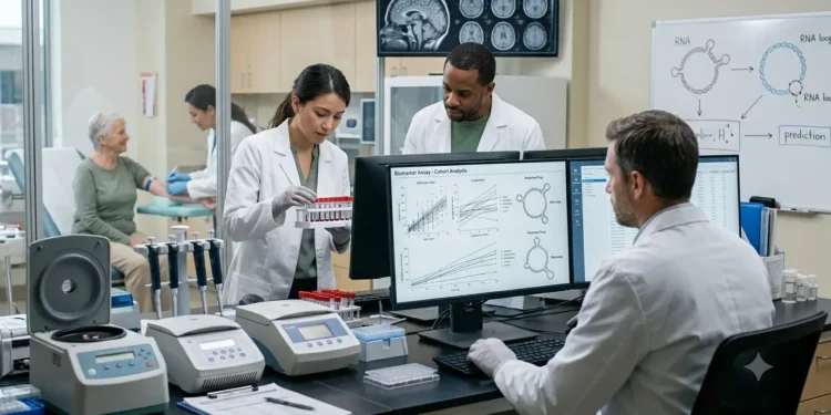 AI-generated photograph-style image of researchers analysing blood samples and circular RNA biomarkers linked to Alzheimer’s symptom progression.