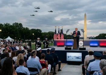 AI-generated photograph-style image of a national leader addressing veterans, military personnel and families during America’s 250th birthday ceremony in Washington.