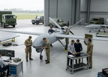 AI-generated photograph-style image of British Army personnel and aerospace engineers inspecting a fixed-wing surveillance drone inside a UK manufacturing hangar.