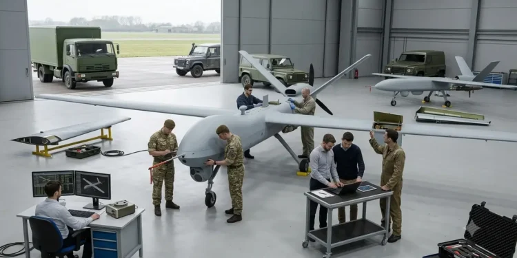 AI-generated photograph-style image of British Army personnel and aerospace engineers inspecting a fixed-wing surveillance drone inside a UK manufacturing hangar.