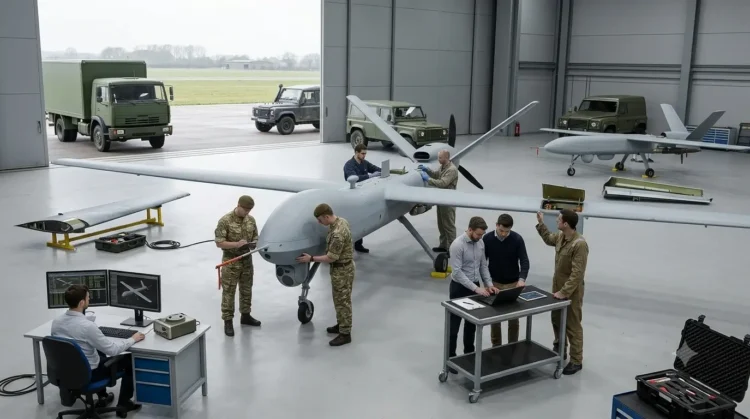 AI-generated photograph-style image of British Army personnel and aerospace engineers inspecting a fixed-wing surveillance drone inside a UK manufacturing hangar.