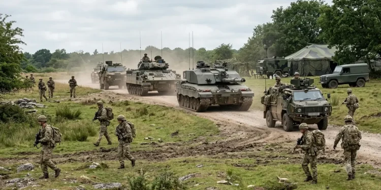 AI-generated photograph-style image of British Army personnel and armoured vehicles conducting a training exercise.