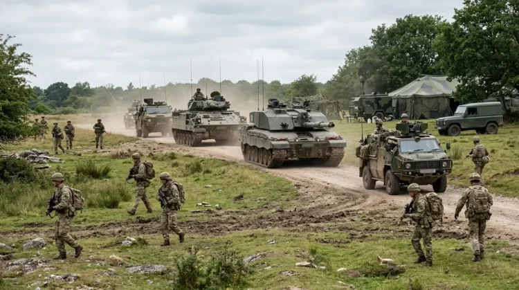 AI-generated photograph-style image of British Army personnel and armoured vehicles conducting a training exercise.