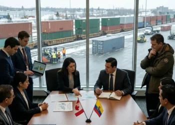 AI-generated photograph-style image of Canadian and Ecuadorian trade representatives reviewing market access and shipping routes beside an Ottawa freight terminal.