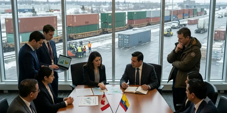 AI-generated photograph-style image of Canadian and Ecuadorian trade representatives reviewing market access and shipping routes beside an Ottawa freight terminal.