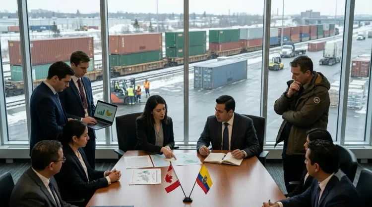 AI-generated photograph-style image of Canadian and Ecuadorian trade representatives reviewing market access and shipping routes beside an Ottawa freight terminal.