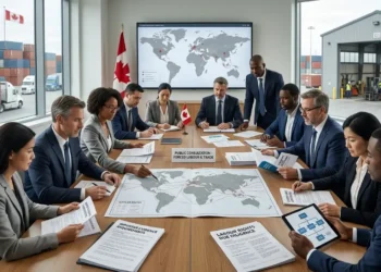 AI-generated photograph-style image of Canadian officials and stakeholders reviewing import controls, labour-rights risks and global supply chains.