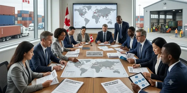 AI-generated photograph-style image of Canadian officials and stakeholders reviewing import controls, labour-rights risks and global supply chains.