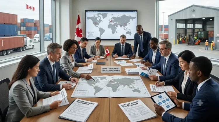 AI-generated photograph-style image of Canadian officials and stakeholders reviewing import controls, labour-rights risks and global supply chains.