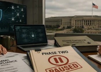 CMMC phase two cybersecurity requirements shown paused during a defense contractor compliance review.