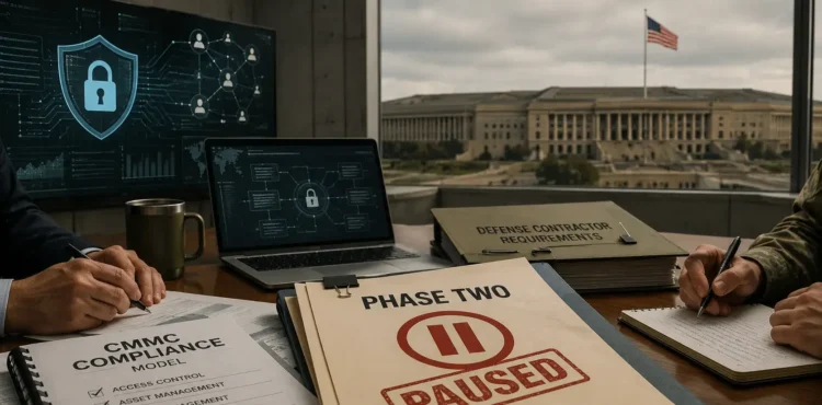 CMMC phase two cybersecurity requirements shown paused during a defense contractor compliance review.