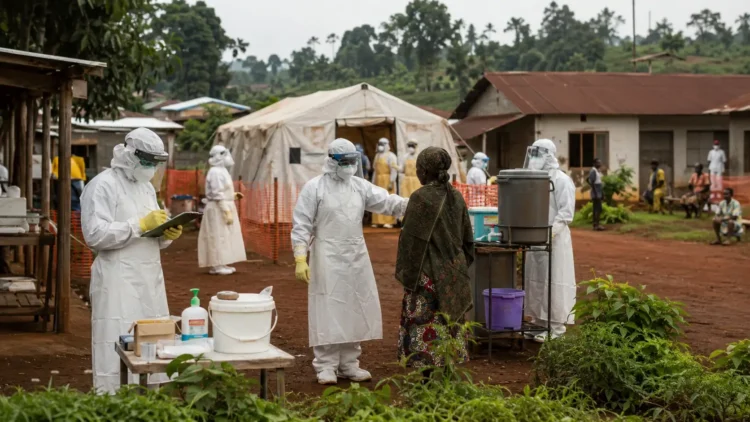 Health workers in protective equipment support Ebola screening and treatment operations in eastern DRC.
