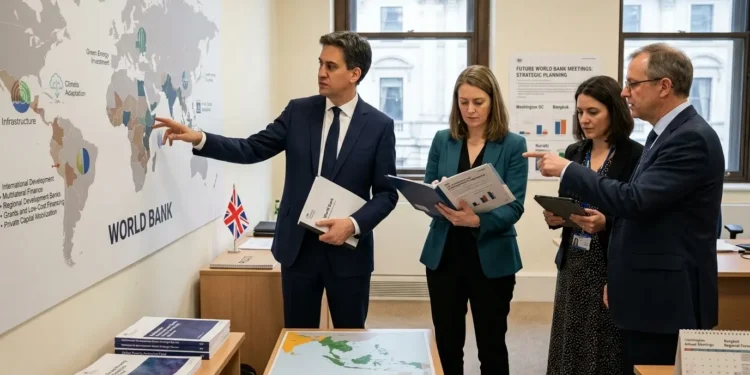 AI-generated photograph-style image of Ed Miliband and UK development officials reviewing international finance, climate and infrastructure priorities before World Bank meetings.