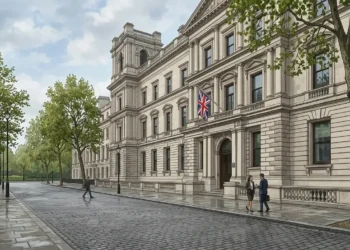 AI-generated illustration of the UK Foreign, Commonwealth & Development Office in London with a Union flag outside.
