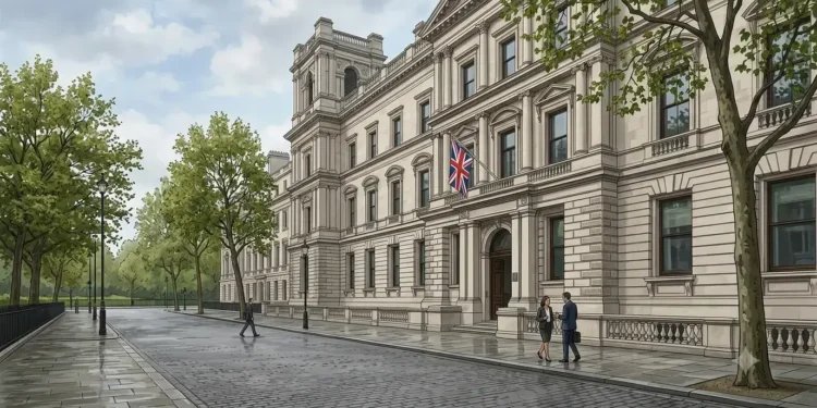 AI-generated illustration of the UK Foreign, Commonwealth & Development Office in London with a Union flag outside.
