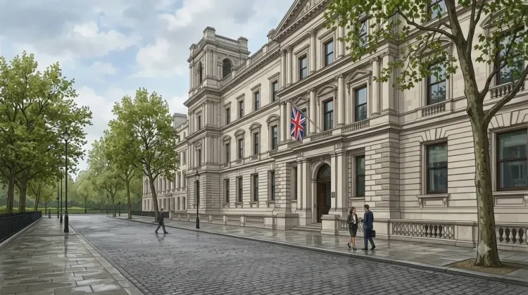 AI-generated illustration of the UK Foreign, Commonwealth & Development Office in London with a Union flag outside.
