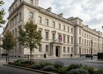 AI-generated illustration of HM Treasury offices in Westminster, London, with a Union flag outside.