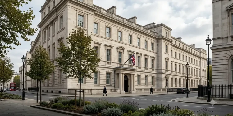 AI-generated illustration of HM Treasury offices in Westminster, London, with a Union flag outside.