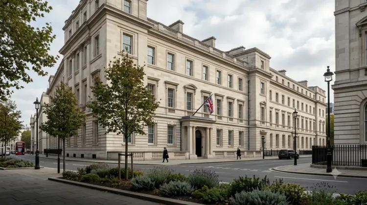AI-generated illustration of HM Treasury offices in Westminster, London, with a Union flag outside.