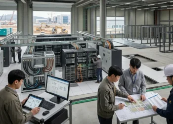 AI-generated photograph-style image of Korean engineers planning a hyperscale AI data-centre expansion beside installed computing racks and unfinished server halls.
