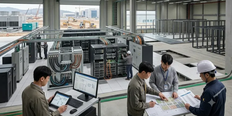 AI-generated photograph-style image of Korean engineers planning a hyperscale AI data-centre expansion beside installed computing racks and unfinished server halls.