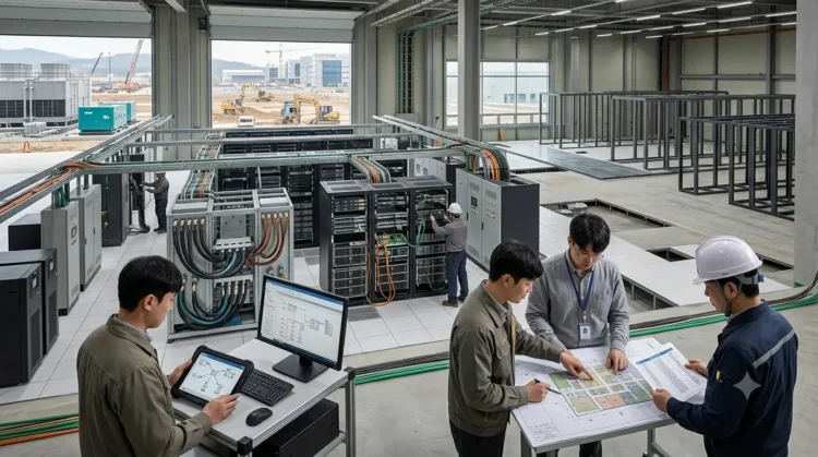 AI-generated photograph-style image of Korean engineers planning a hyperscale AI data-centre expansion beside installed computing racks and unfinished server halls.
