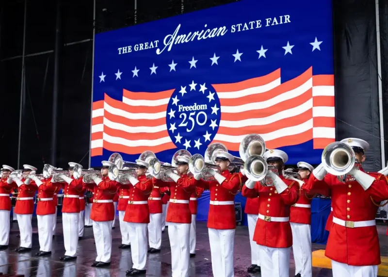 Marines assigned to The Commandant's Own, The United States Marine Drum & Bugle Corps, perform during the Great American State Fair in Washington, June 28, 2026. Photo by Army Sgt. 1st Class Brittany Primavera.