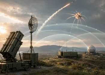 European missile defence systems with radar, launchers and an interceptor over a coastal landscape.