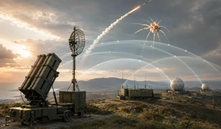 European missile defence systems with radar, launchers and an interceptor over a coastal landscape.