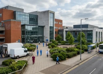 AI-generated photograph-style image of a UK hospital campus with healthcare staff, outpatient services and public transport.