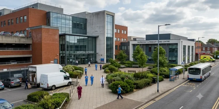 AI-generated photograph-style image of a UK hospital campus with healthcare staff, outpatient services and public transport.
