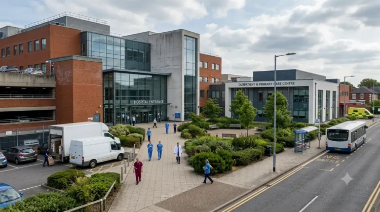 AI-generated photograph-style image of a UK hospital campus with healthcare staff, outpatient services and public transport.