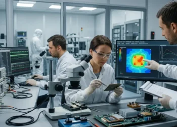 AI-generated photograph-style image of semiconductor engineers reviewing chip hardware, verification data and thermal simulation results in an advanced engineering laboratory.