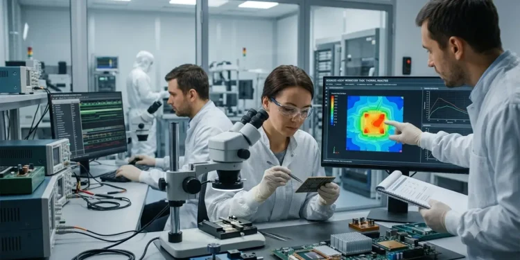 AI-generated photograph-style image of semiconductor engineers reviewing chip hardware, verification data and thermal simulation results in an advanced engineering laboratory.
