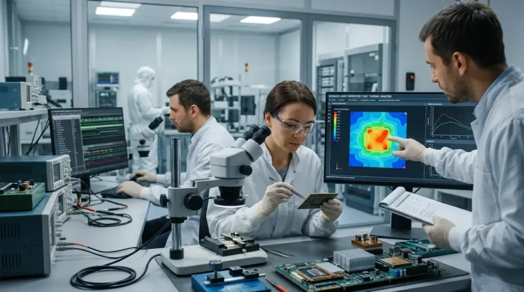 AI-generated photograph-style image of semiconductor engineers reviewing chip hardware, verification data and thermal simulation results in an advanced engineering laboratory.