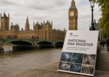 National Risk Register by the River Thames in London. ChatGPT Image.