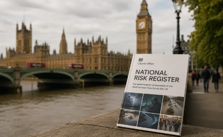 National Risk Register by the River Thames in London. ChatGPT Image.