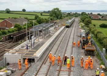 AI-generated photograph-style image of railway crews rebuilding track and constructing a new station on the Portishead line in North Somerset.