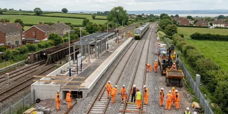 AI-generated photograph-style image of railway crews rebuilding track and constructing a new station on the Portishead line in North Somerset.