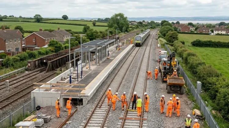 AI-generated photograph-style image of railway crews rebuilding track and constructing a new station on the Portishead line in North Somerset.