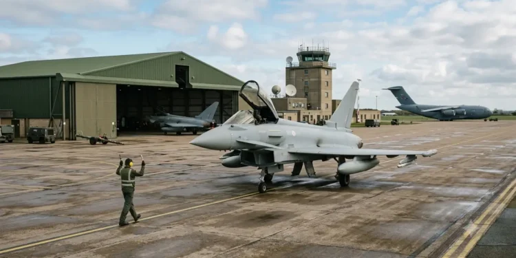 AI-generated photograph-style image of RAF combat and transport aircraft operating from a UK airbase.