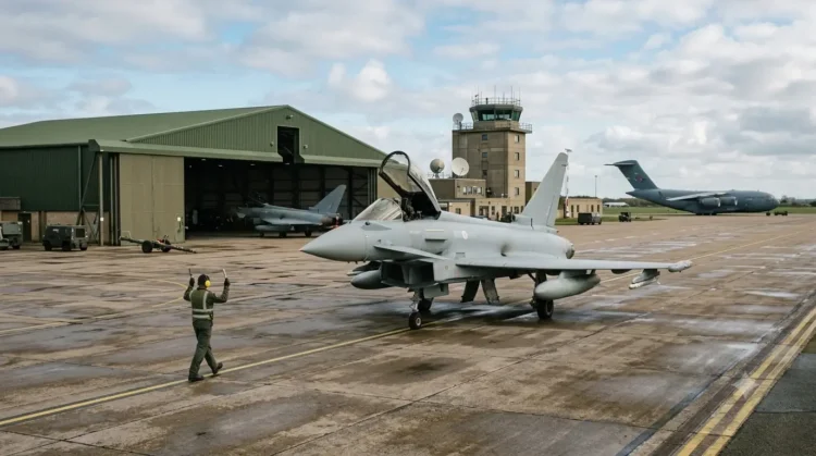AI-generated photograph-style image of RAF combat and transport aircraft operating from a UK airbase.