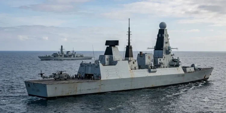 AI-generated photograph-style image of Royal Navy warships conducting maritime operations with a naval helicopter at sea.